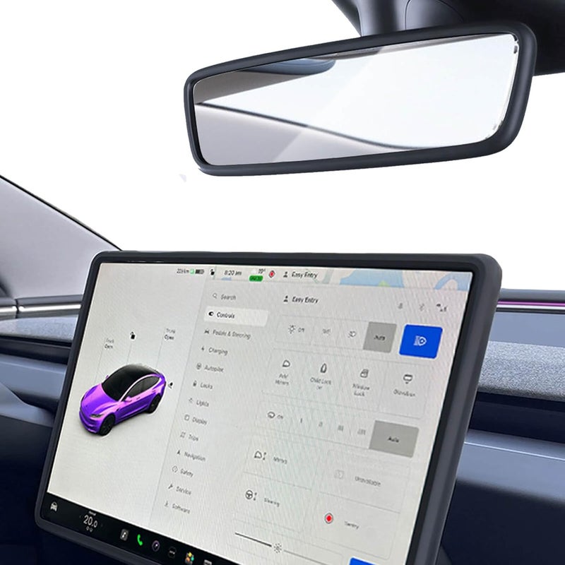 Yeapop 2Pcs Silicone Protector Frames of Screen and Rear View Mirror for Tesla Model 3 2024 Highland and Model Y 2025 Juniper. (Black) - Image 1